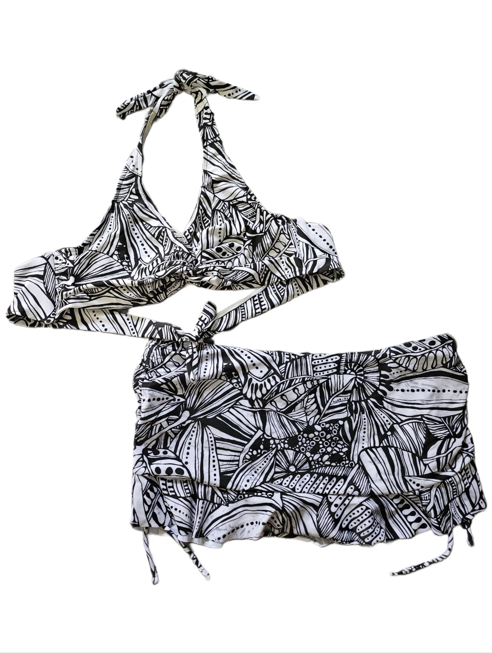 Y2K Bikini Bay Black & White floral 2 pc swim suit bikini skirt Womens sz Large